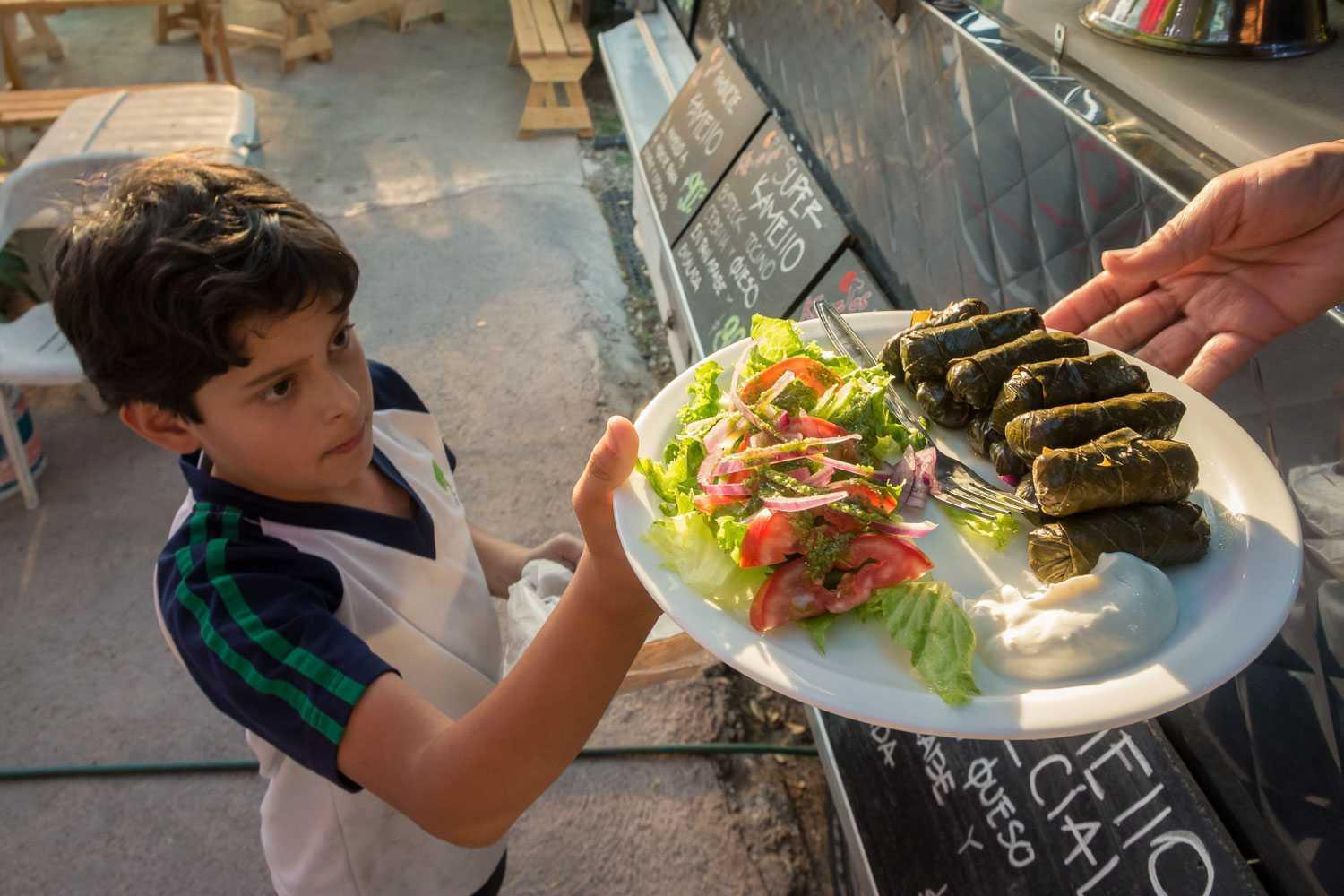 Stuffed grape leaves with a side salad and a dollop of jocoque. Jocoque is neither sour cream nor Mexican crema, but another dairy product made from fermented milk that is something in between.