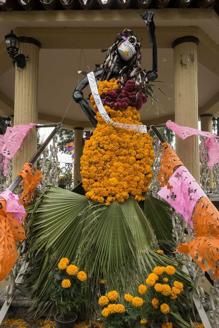 A Day of the Dead calavera in the plaza in San Antonio Tlayacapan.