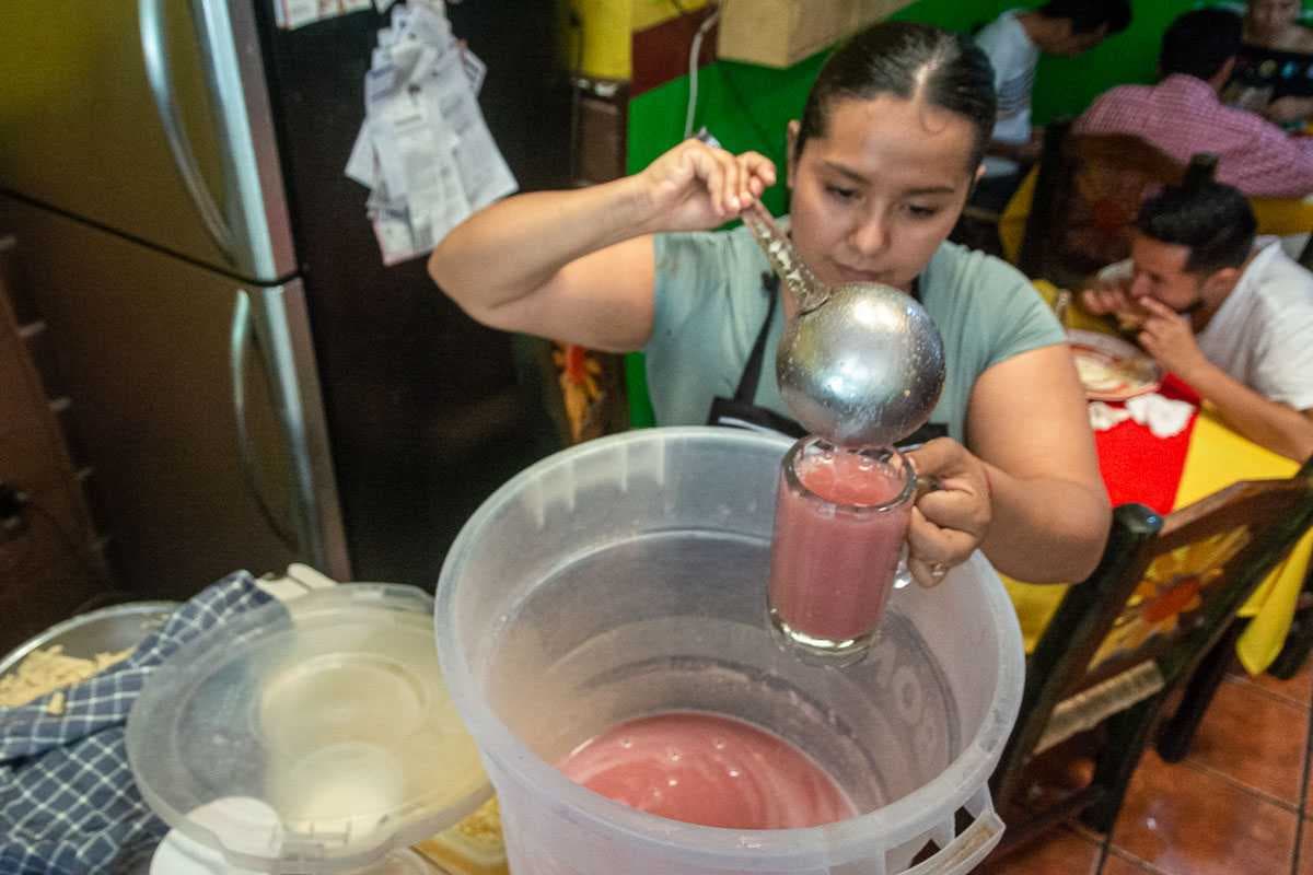 Agua fresca being served at El Chile Verde.